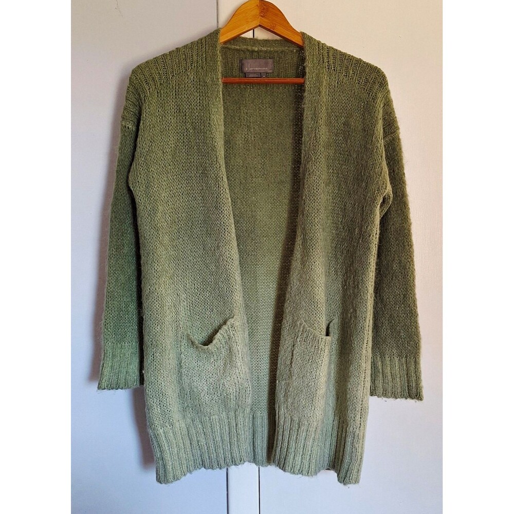 Anthropologie Green Alpaca Merino Wool Blend Knit Open Front Cardigan XS